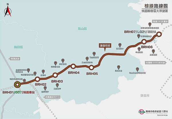交通部有條件通過桃捷棕線,將由輕軌變捷運,圖為棕線路線圖。(桃園捷運工程局提供/蔡依珍桃園傳真)
