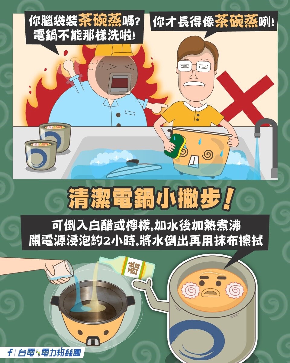 正確用電鍋 帶你省電不囉嗦!台電籲一定要記得做「這件事」 電鍋清潔撇步。圖/截自台電臉書粉專