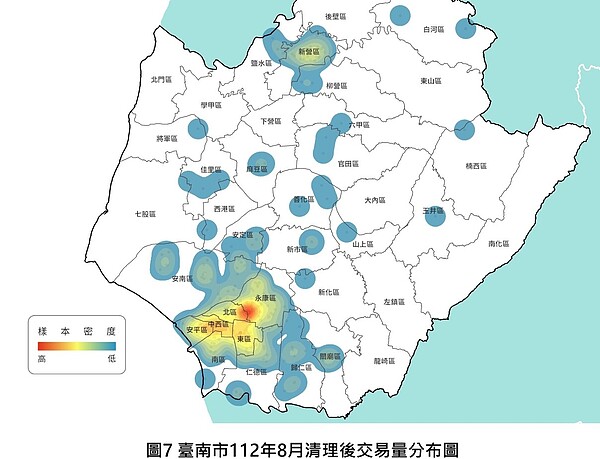台南房價升!「年月雙漲3區」曝光 全市僅「1地」下跌 台南市112年8月清理後交易量分布圖。圖/台南市政府提供