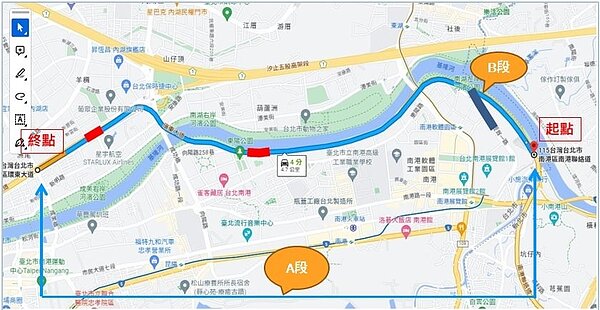 環東大道(高速公路養護交界點至麥帥一橋頭)西向路面更新範圍圖。圖/台北市政府提供