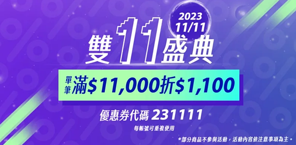 好市多自11月6日至11月12日推出「雙11盛典」，雙11當日於線上購物消費滿11000元，結帳時輸入優惠代碼「231111」立即現折1100元。圖／摘自好市多App