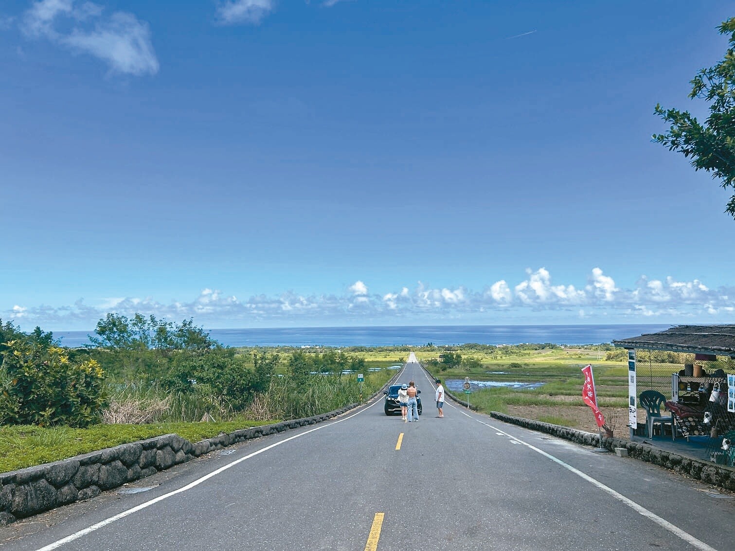 台東東13線長光部落產業道路又稱為金剛大道，夏天時期金黃稻浪會跟海濤相互呼應，吸引許多遊客拍照打卡。記者徐白櫻／攝影 