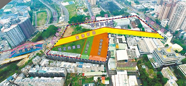 高雄市地政局說明，107期市地重劃總面積有3.76公頃，其中1.52公頃面積將闢為龍德新路、公園、停車場，另外2.24公頃面積將作為特定商業專用區。圖／高雄市地政局提供