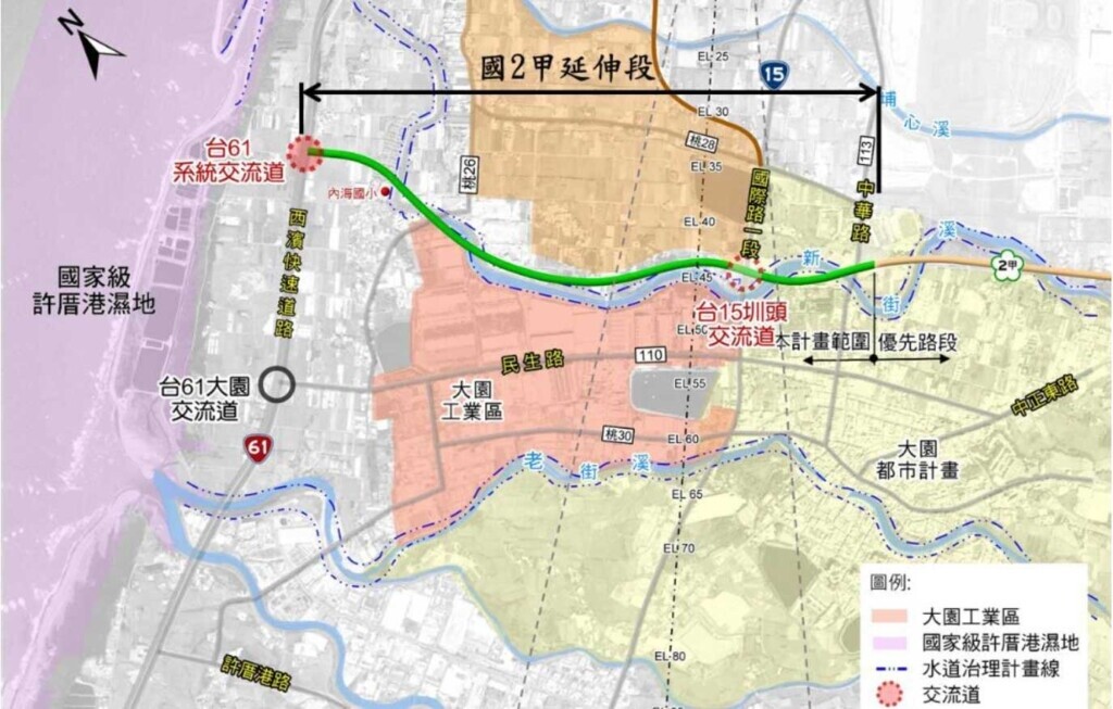 國2甲-台15線延伸至台61線路廊平面示意圖／交通部高工局提供