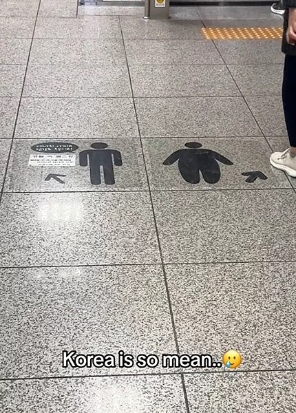 南韓首爾上鳳站地板上貼有兩種身材貼紙,其中較胖的小人被指向電梯,引起爭議。圖/擷自TikTok