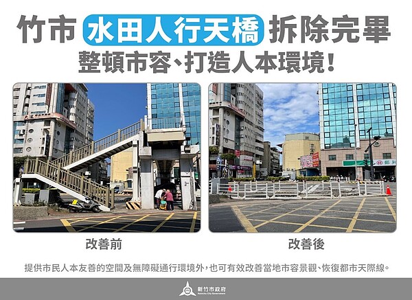 水田人行天橋拆除前後對比圖。圖/新竹市政府提供