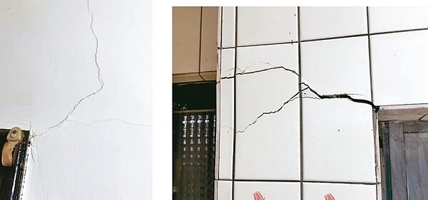 議員陳怡君拿出住戶陳情的實際受損狀況,批損鄰造成裂縫愈來愈深、漏水等。圖/議員陳怡君辦公室提供