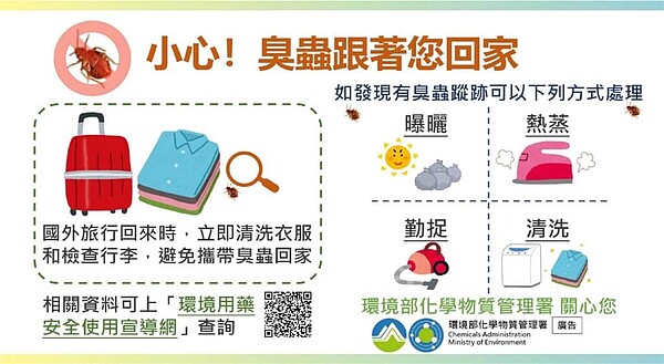 環境部建議可利用「曝曬、熱蒸、勤捉、清洗」4招清除臭蟲。圖／環境部提供