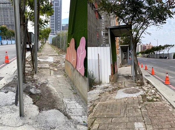 桃園多起重劃區建案施工時造成人行道破損,引發民怨。市府建管處表示已啟動稽查專案,將陸續擴大至全市稽查。圖/議員李宗豪提供