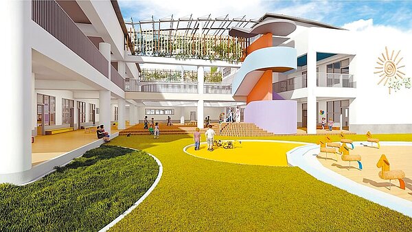 高雄楠梓地區隨人口成長教育設施陷入不足,楠陽國小既有校地內新建公共化幼兒園日前開工,預計於2025年完工,將能收容12班超過330名幼童,完善地方教育量能。(高雄市工務局提供/任義宇高雄傳真)