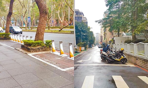 台北市交通局推動「機退2.0」政策，將人行道旁的機車格改設為機車彎。民進黨議員鍾佩玲質疑，改設機車彎後卻未恢復機車停車格畫設，而是改設為微笑單車停車架、自行車停車架或電動車電池站，變相增加機車族找停車位的困難。（鍾佩玲辦公室提供／丁上程台北傳真）