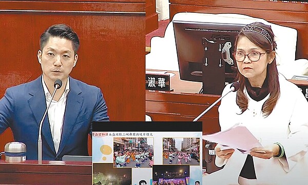 台北市議員郭昭巖(右)質疑,2024台北燈節部分燈區設置在「沒人沒商圈」的地點,無法振興地方經濟;市長蔣萬安(左)允諾溝通調整。圖/摘自北市議會直播系統