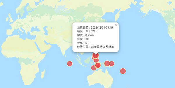 在菲律賓民答那峨島2日晚上規模7.6強震,至目前為止已6起規模6.0以上餘震;尤以今天凌晨3時49分規模6.9地震最大,震源深度30公里。圖/取自中央氣象署網站