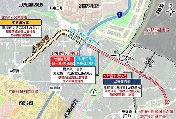 國道1號五楊高架延伸苗栗縣頭份市預計2032年完工,縣府建議配套,短、中、長期配套,降低衝擊頭份交流道交通。圖/苗栗縣政府提供