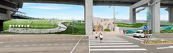 入口視覺意象及光雕完工後示意圖(日間)。圖/新北市政府高灘地工程管理處提供