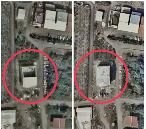 根據航照圖對比,左圖為楊桃集貨場農業設施拿到使用執照前的91年6月22日,右圖為拿到使用執照後的91年10月15日,顯示2樓已被加蓋違建;員山鄉公所最近查報270平方公尺的2樓違建,若無法補照就必須拆除。圖/林錦坤提供