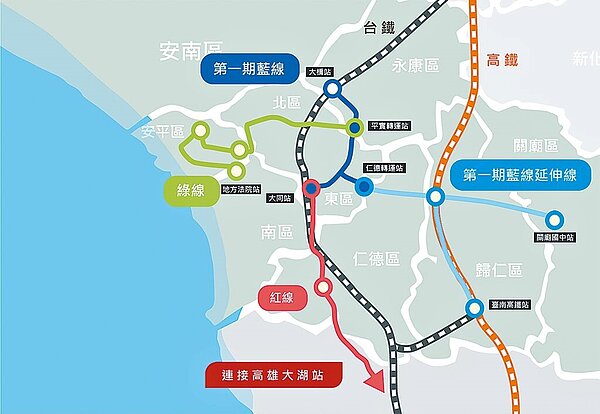 台南捷運規畫路網中,紅線原本計畫將與高雄捷運紅線在高雄大湖站串接。(摘自台南市政府交通局網站/洪榮志台南傳真)