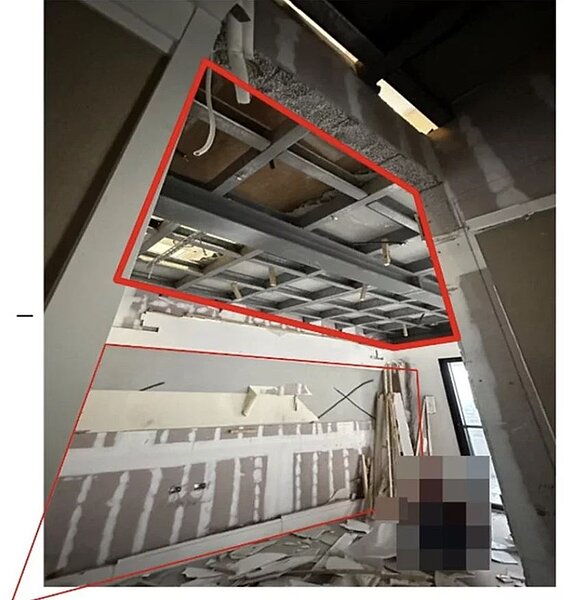 「基泰」建案涉違建，議員陳怡君批評市府只拆華麗的壁紙，室內裝修的鋼架也應該要拆除。圖／議員陳怡君提供