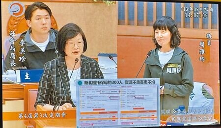 民進黨新北市議員周雅玲（右）針對助養環境質詢社會局長李美珍（前排左），批評新北定點臨托開辦時隔1年，至今卻僅有1處據點。（呂健豪攝）