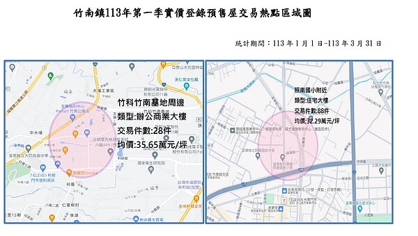 竹南鎮113年第一季實價登錄預售屋交易熱點區域圖。圖／苗栗縣政府提供