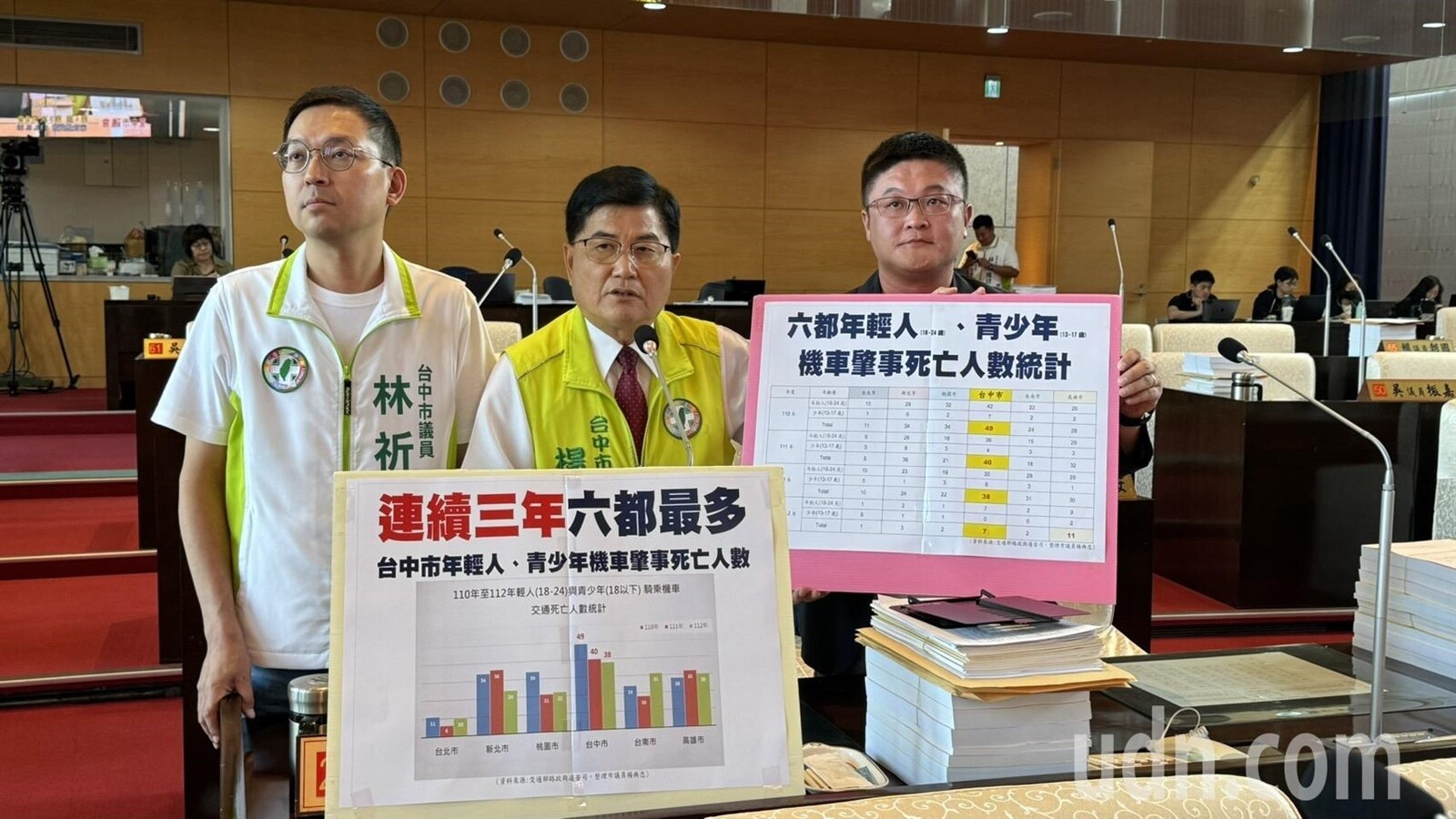 台中市議員楊典忠（中）等人質疑，台中18到24歲年輕機車族死亡數連3年六都最多，要求市府追原因防制。記者陳秋雲／攝影 