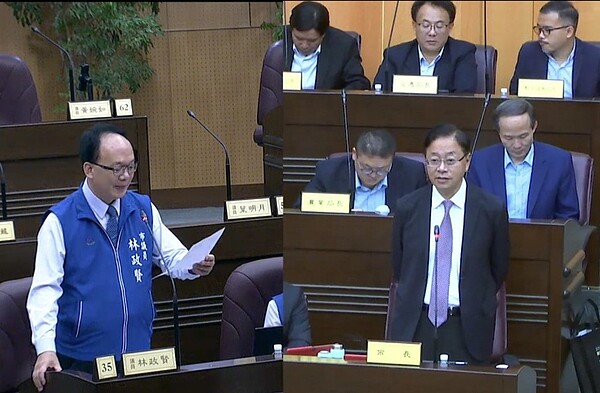 張善政答覆議員林政賢質詢，對於台積電不來龍科設廠表示言之過早。圖／桃園市議會直播畫面