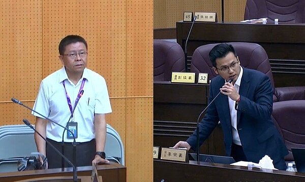 議員李宗豪(右)對機捷車站的滅火器能放到過期,覺得不可思議,桃捷公司總經理莊英震(左)允諾改進。圖/桃園市議會直播畫面