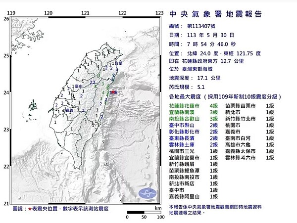 中央氣象署發布顯著有感地震報告。圖／中央氣象署提供