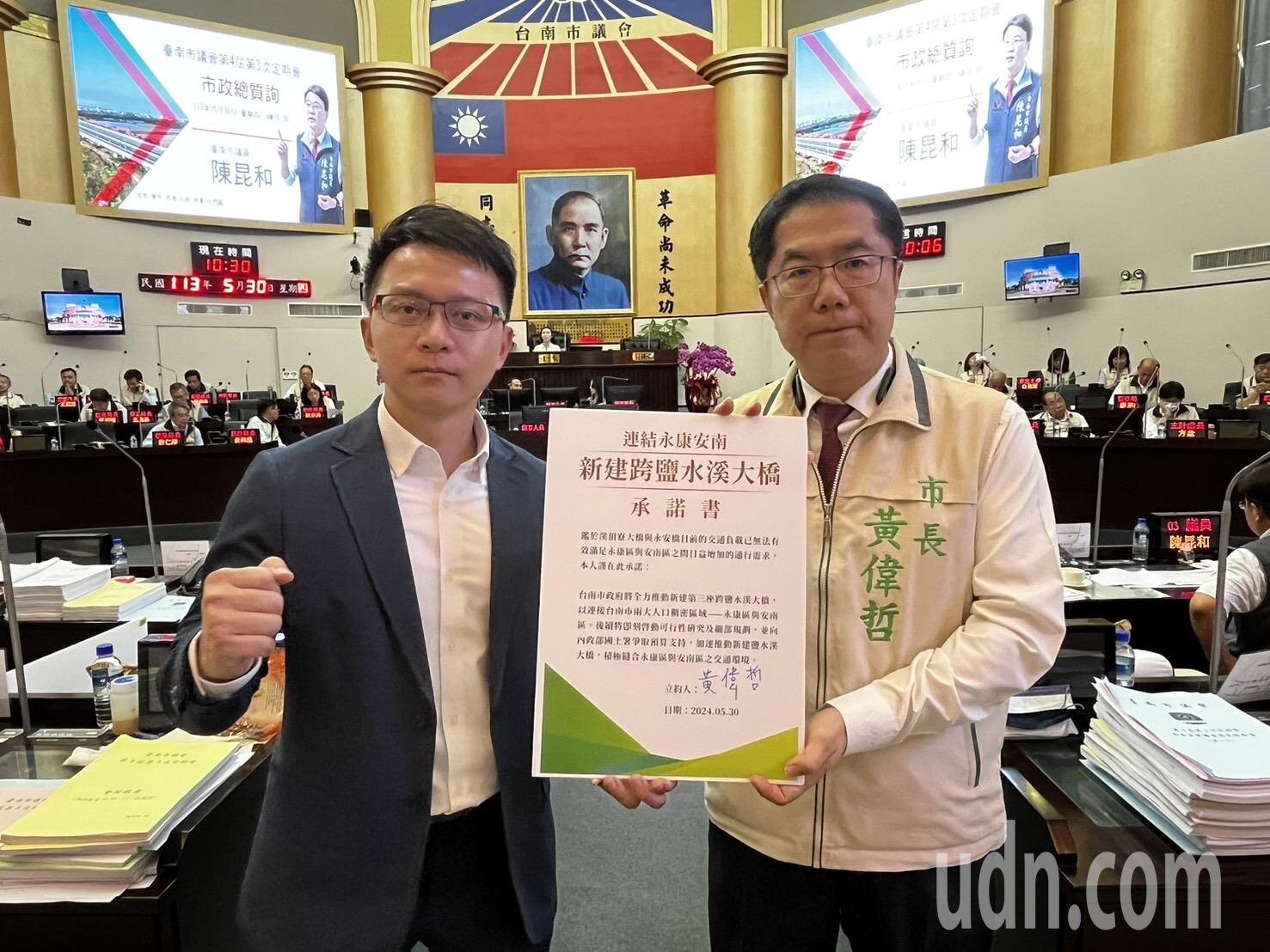 台南市議員朱正軒(左)上午在議會質詢,請市長黃偉哲(右)簽署新建跨鹽水溪大橋承諾書。記者吳淑玲/攝影