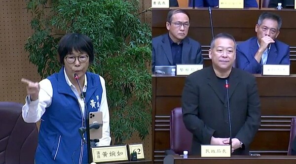 議員黃婉如在總質詢指民政局標代辦祭祀公業土地標售擺烏龍。圖／桃園市議會直播畫面