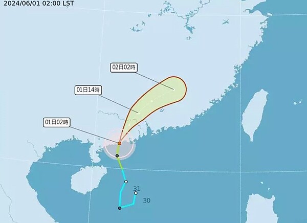 輕度颱風馬力斯凌晨2時的中心位置在香港西南西方270公里處（鵝鑾鼻西方930公里處），以每小時24公里速度，向北北東進行。圖／取自中央氣象署網站