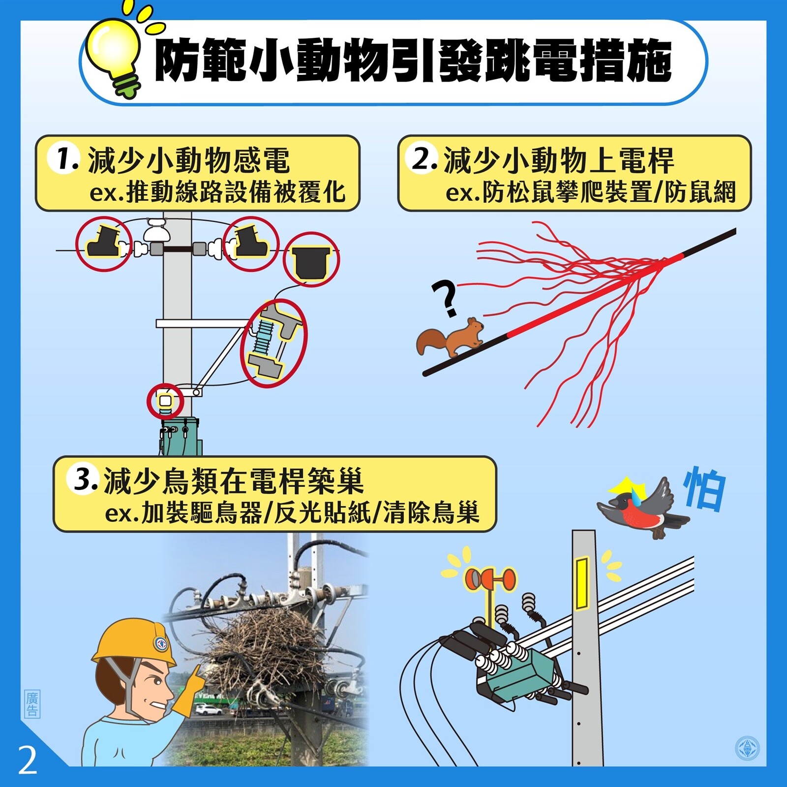 台電表示為減少小動物感電、爬上電桿，已致力推動防治工作。圖／截自台電臉書粉專