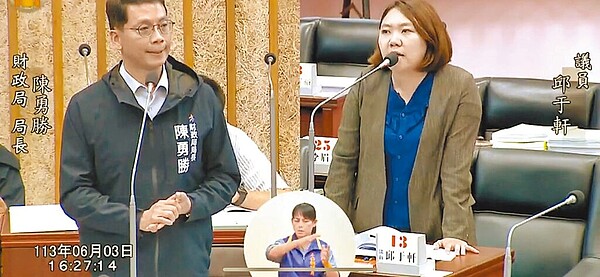 國民黨高市議員邱于軒（右）質詢，很多天團來高雄演出造就現在最夯的演唱會經濟，可是高市府招商工具居然是零場租、零抽成，現在連娛樂稅都繳一半就好。圖/摘自高市議會網站、柯宗緯高雄傳真