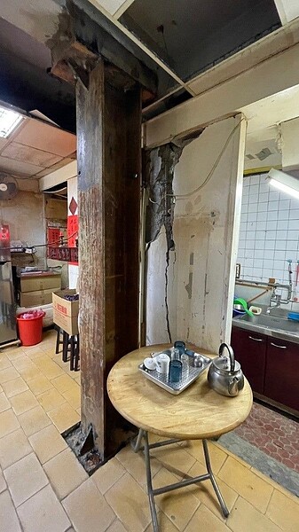 北市公告首批紅黃單危樓更新地區 「降低同意率」加速重建 南機場震災後破壞嚴重柱位加設臨時性緊急支撐。圖/都市更新處提供