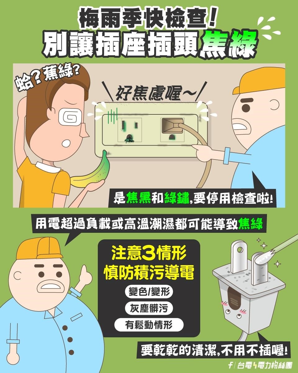 台電提醒，插頭及插頭應檢查是否有焦黑及綠鏽的情況。圖／台電提供