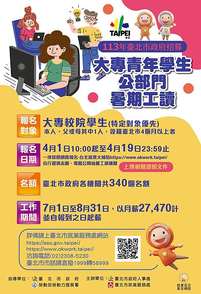 暑假最搶手工讀機會!北市青年公部門暑期工讀7月1日上工。圖/台北市政府提供