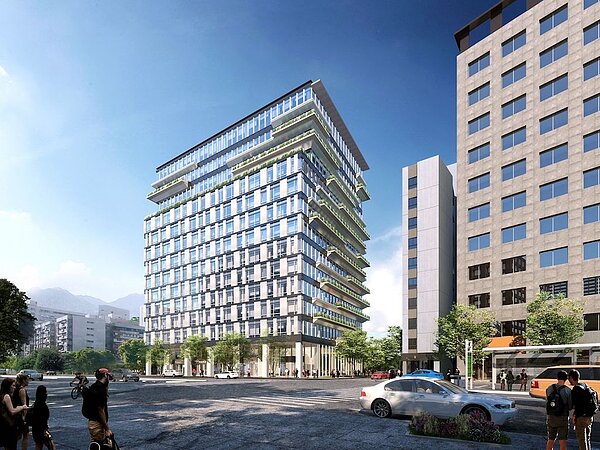 「松山民權東公辦都更案」A基地將打造一棟地上15層、地下4層兼具綠建築、智慧建築、LEED標章的商業辦公大樓;B基地興建一棟地上10層、地下1層的綠建築及智慧建築優質純住宅大樓,全案預計在114年第2季完工。圖/冠德建設提供