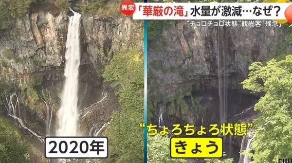 日本三大名瀑「華嚴瀑布」傳出水位不足，失去壯觀樣貌。圖擷自FNNプライムオンラインYouTube