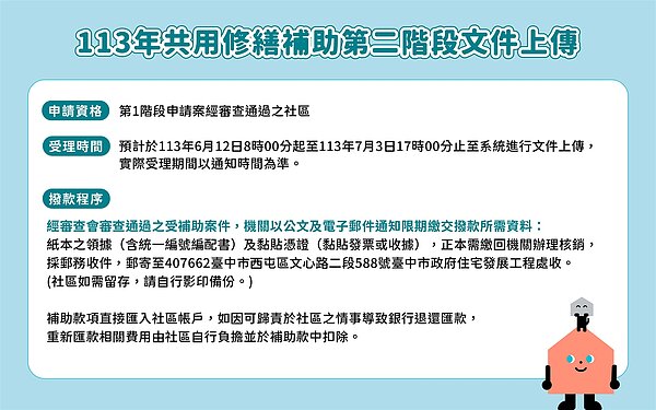 今年度公寓大廈共用部分及約定共用部分維護修繕費用補助首度開放線上申請,共670個社區提出申請,第1階段384個社區審核通過。圖/台中市政府提供