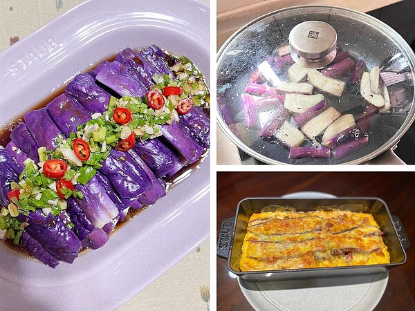 掌握減少茄子暴露空氣中的時間,不用油炸也可以做出漂亮紫色茄子料理,左上是Winnie Yi涼拌紫茄、右上CoCo Chang 教學如何煮出漂亮紫色、右下是紀比比製作魏嘉昌直播示範的西式料理義式乳酪焗茄餅。圖/截取自網路我愛Staub鑄鐵鍋Facebook社團