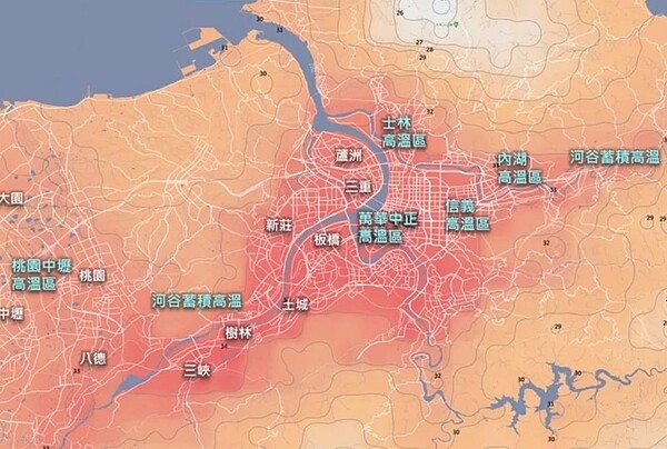 成大建築系教授林子平應用臺灣氣候變遷推估資訊與調適知識平台計畫（TCCIP），其中產製之觀測網格資料（歷史氣候資料）分析，繪製出2011到2018年北北基桃中午平均溫度圖表，呈現都市熱島情形。圖／林子平提供