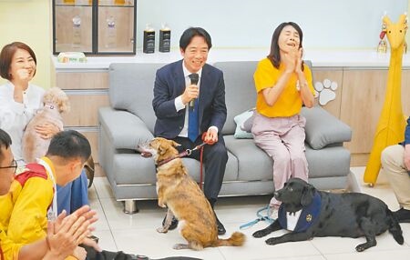 賴清德總統（右二）6月30日宣布認養殘肢犬斑斑，台灣愛狗人協會理事長顏杏娟（右）感動到紅了眼眶。（羅琦文攝）