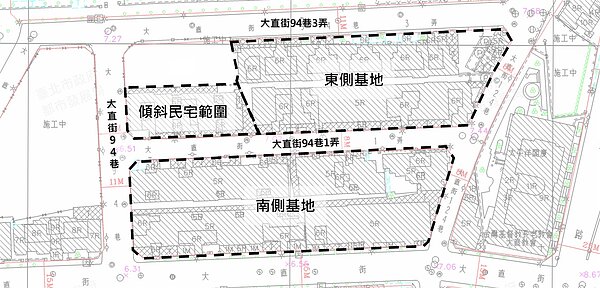 大直傾斜民宅東側及南側二處基地更新重建位置圖。圖／北市府提供