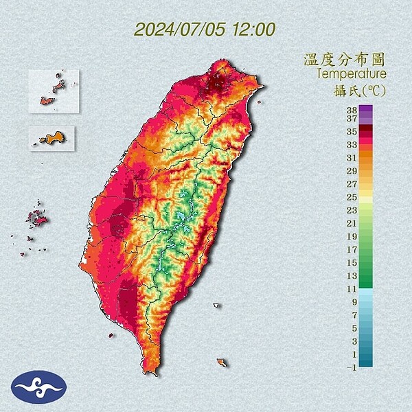 今、明兩天各地及金門、馬祖為晴到多雲，大台北及南部地區有局部37度以上高溫發生的機率。圖／氣象署提供