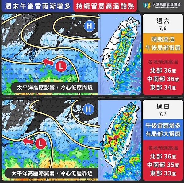 周末午後雷雨漸增多，持續高溫留意局部大雷雨。圖／取自「天氣職人-吳聖宇」臉書粉專