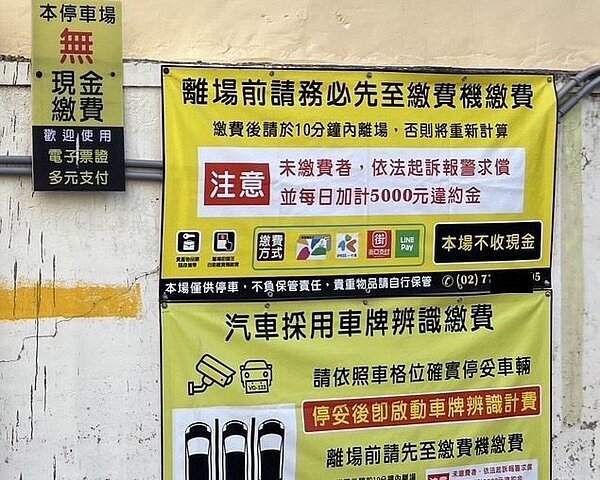 台中市東區私人停車場採無柵欄、無現金電子收費,現場公告離場未繳費者,每日收違約金高達5000元,引發消費糾紛。圖/台中市法制局提供