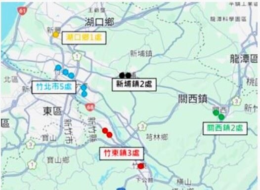 新竹縣13處易肇事路口分布圖。圖/新竹縣交旅處提供