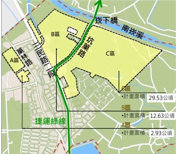 菓林重劃區（黃色區塊）與航空城優先產專區只隔一條南崁溪（右上）。圖／桃園市地政局提供