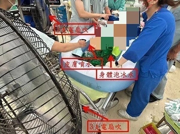 三總急診室及中暑防治中心使用傳導、對流、蒸發三合一降溫法，大部分病人在30分鐘內降至38.5度，是救回中暑病人的關鍵。圖／取自朱柏齡臉書