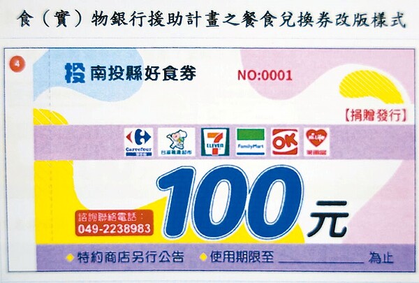 南投縣政府善用愛心捐款印發「食(實)物銀行餐食兌換券」,8月1日正名為「南投縣好食券」,且面額加碼至100元。圖/南投縣政府提供